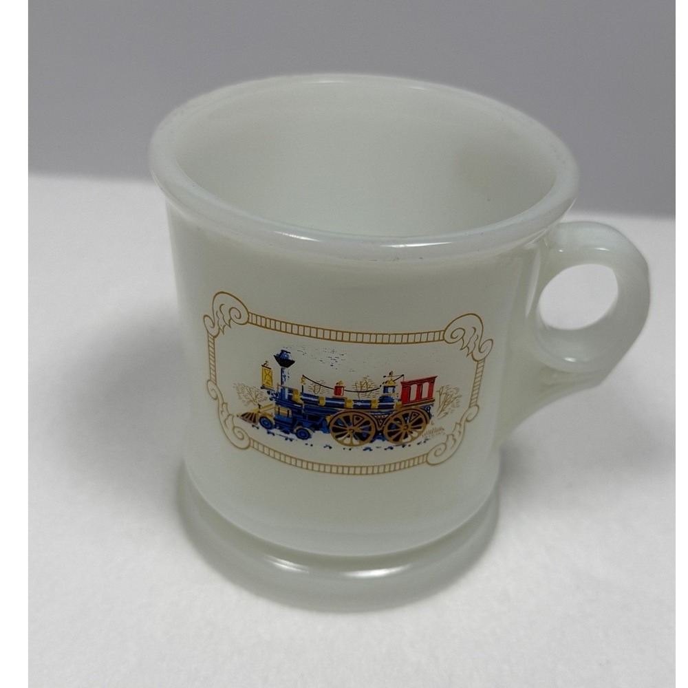 Avon Steam Locomotive Milk Glass Mug – 4" Vintage Pedestal Train Graphic